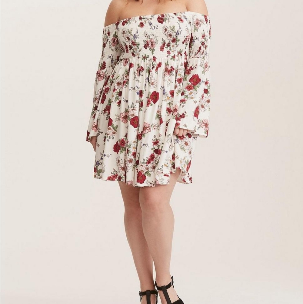 Torrid Mini Challis off-shoulder white floral bell sleeve smocked skater dress 1 - Picture 1 of 7